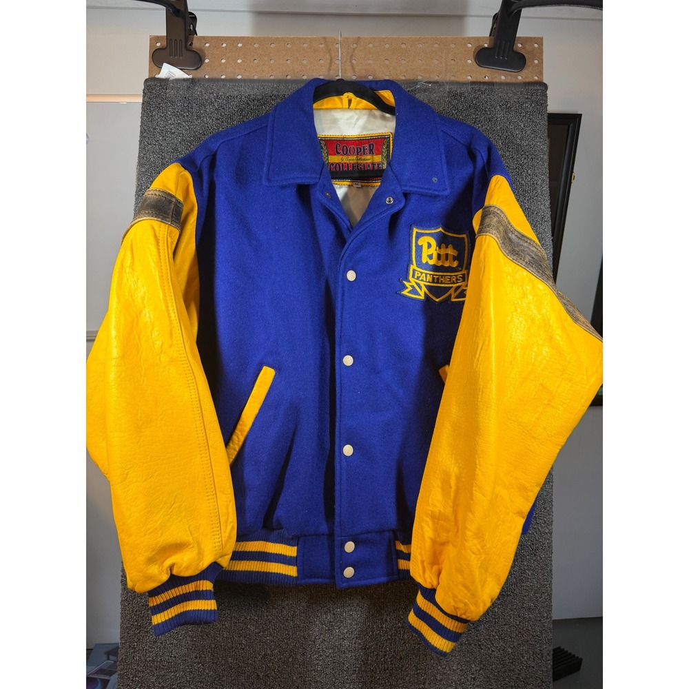 Cooper Collegiate Varsity Jacket Mens M Blue Yellow Pitt Panthers Leather Wool
